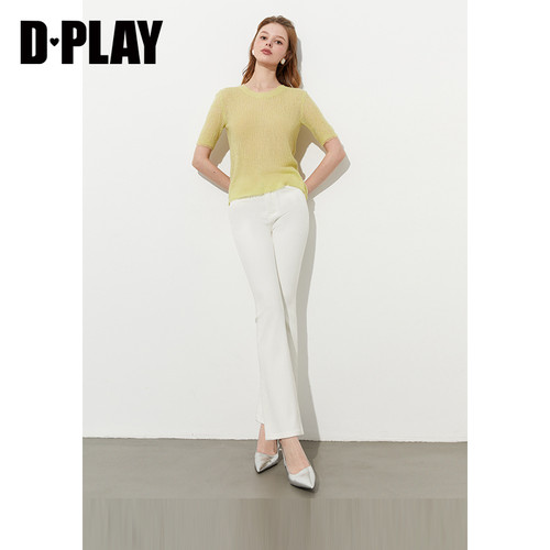 DPLAY秋季新款白色牛仔裤女含莱赛尔微喇裤喇叭裤长裤 - 图2