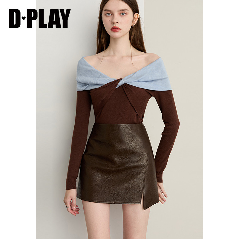 DPLAY2025年秋季新款卡其色针织衫女一字肩蝴蝶结含羊毛羊绒上衣,淘宝优惠券,粉丝福利购,淘宝优惠卷