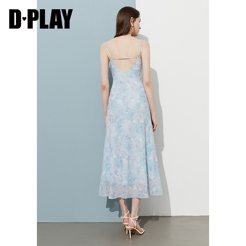 DPLAY【度假系列】2025年夏季新款蓝色吊带连衣裙女雪纺裙子长裙,淘宝优惠券,粉丝福利购,淘宝优惠卷