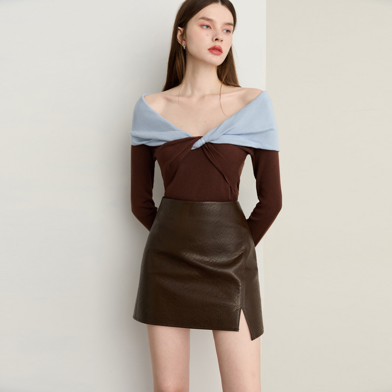 DPLAY2025年秋季新款卡其色针织衫女一字肩蝴蝶结含羊毛羊绒上衣,淘宝优惠券,粉丝福利购,淘宝优惠卷