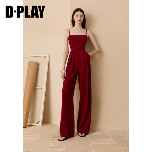 D－PLAY红色连体裤女休闲裤度假露背收腰连身裤2026年夏季直筒裤 - 图2