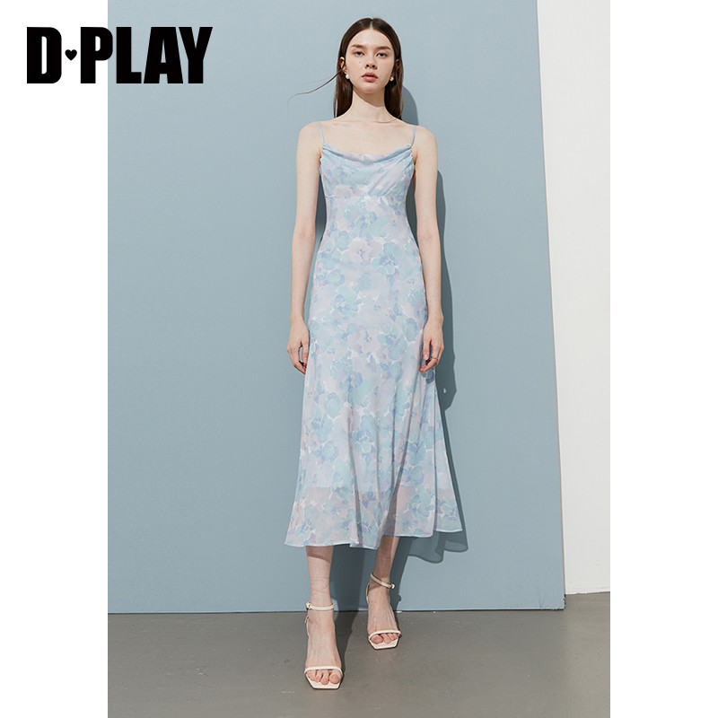DPLAY【度假系列】2025年夏季新款蓝色吊带连衣裙女雪纺裙子长裙,淘宝优惠券,粉丝福利购,淘宝优惠卷
