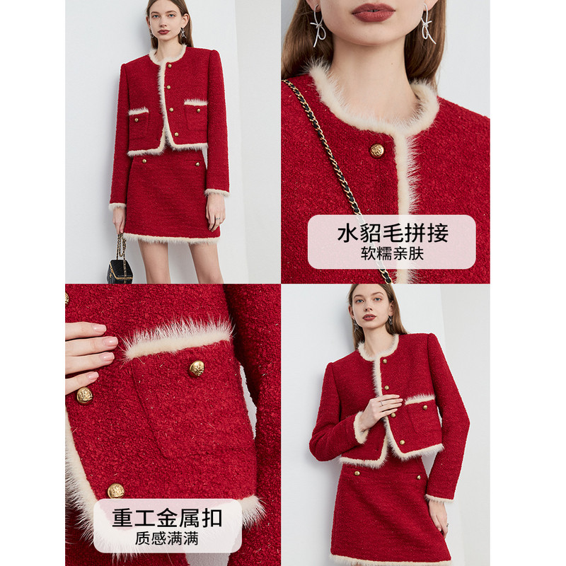 DPLAY年秋季小香风短外套红色水貂毛粗花呢外套女上衣,淘宝优惠券,粉丝福利购,淘宝优惠卷