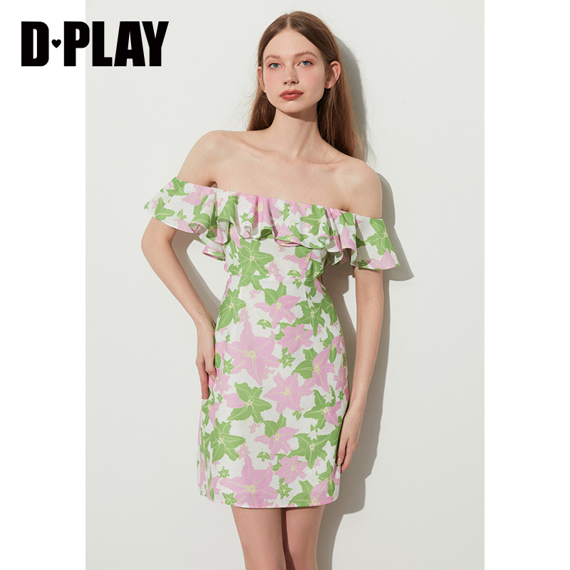 DPLAY2023夏新度假风绿粉百合一字领两穿