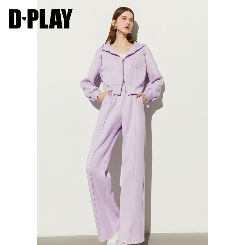 DPLAY2024春夏休闲紫色双拉头设计运动服卫衣外套两件套装女