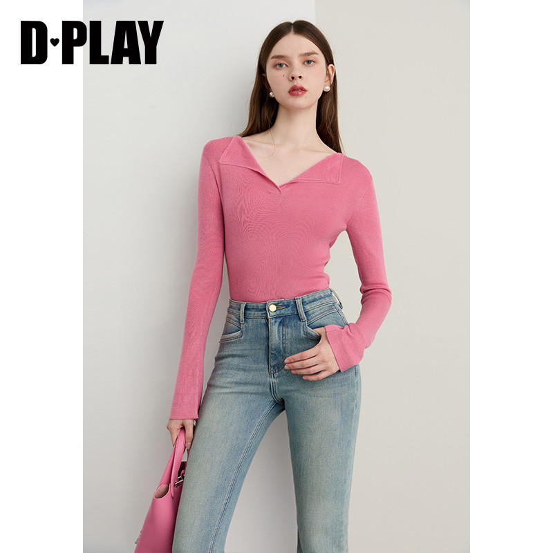 DPLAY羊毛混纺粉色针织衫春季新款上衣气质长袖修身气质打底衫女,淘宝优惠券,粉丝福利购,淘宝优惠卷