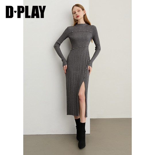 DPLAY2025 Autumn New Gray Dress Women's Fashionable Long Knitted Skirt Slim Long Skirt