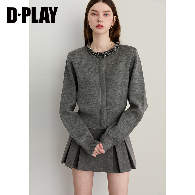 DPLAY【黑标】2025年秋季新款灰针织衫法式含羊毛女上衣,淘宝优惠券,粉丝福利购,淘宝优惠卷