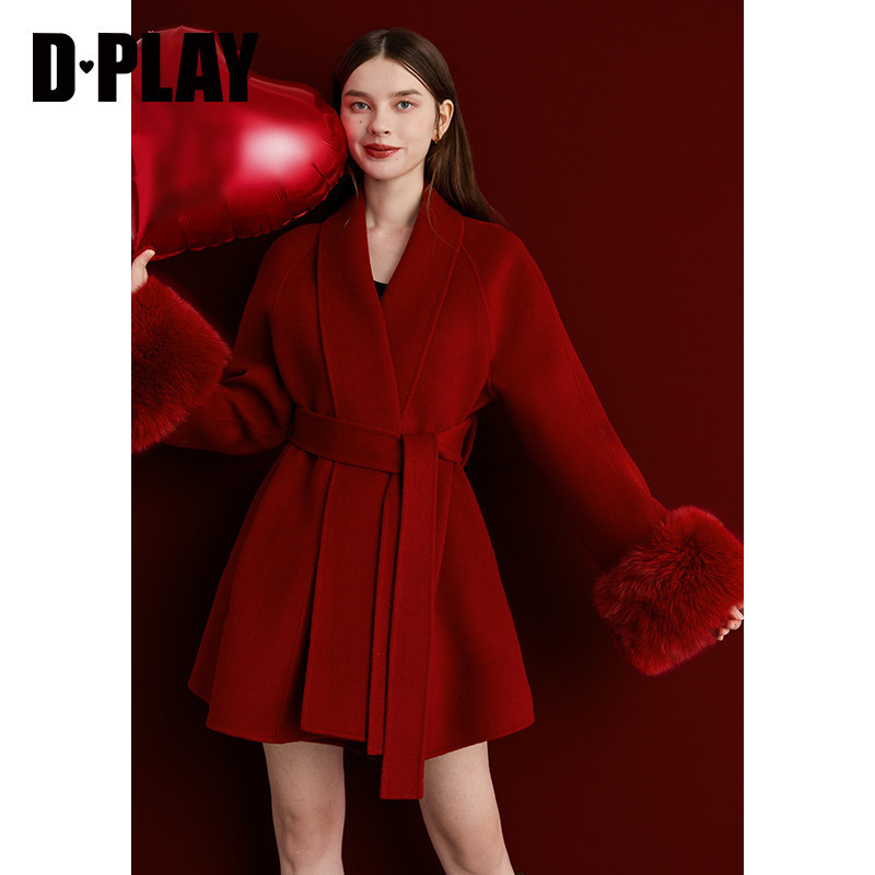 DPLAY【黑标】100羊毛外套女狐狸毛新年冬季新款红色双面呢子大衣,淘宝优惠券,粉丝福利购,淘宝优惠卷