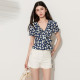DPLAY2026 Summer New Blue Printed Top Women's French Retro Ruffle Waist Shirt All-match Shirt