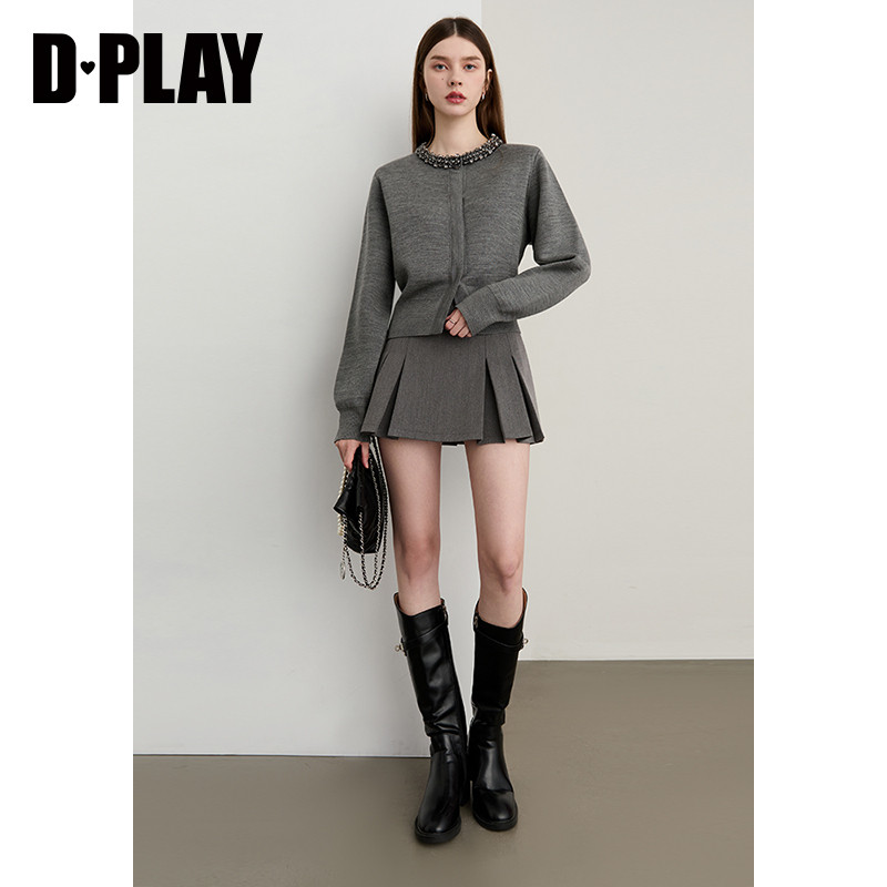 DPLAY【黑标】2025年秋季新款灰针织衫法式含羊毛女上衣,淘宝优惠券,粉丝福利购,淘宝优惠卷