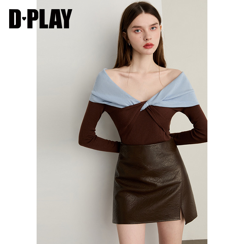 DPLAY2025年秋季新款卡其色针织衫女一字肩蝴蝶结含羊毛羊绒上衣,淘宝优惠券,粉丝福利购,淘宝优惠卷