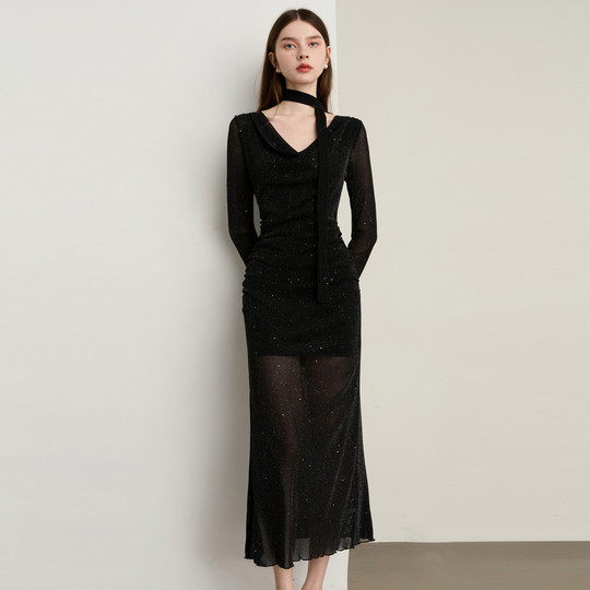 DPLAY swing collar hot silver sequin dress