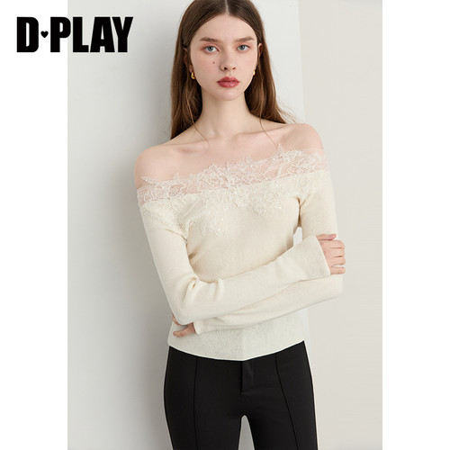 DPLAY白色针织衫女拼接蕾丝修身一字肩羊毛上衣长袖2026春 - 图0