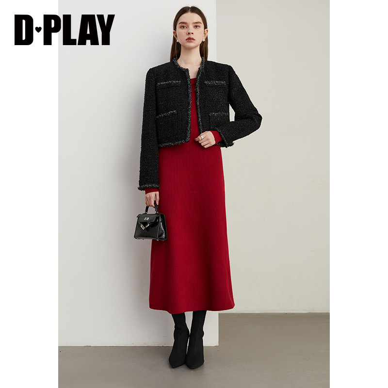 DPLAY2025年秋季新款法式红色连衣裙女一字肩长款针织裙子长袖,淘宝优惠券,粉丝福利购,淘宝优惠卷