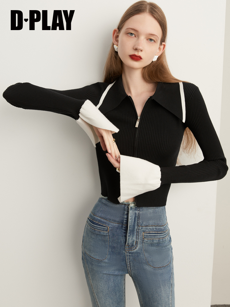 经典黑白撞色翻领针织衫