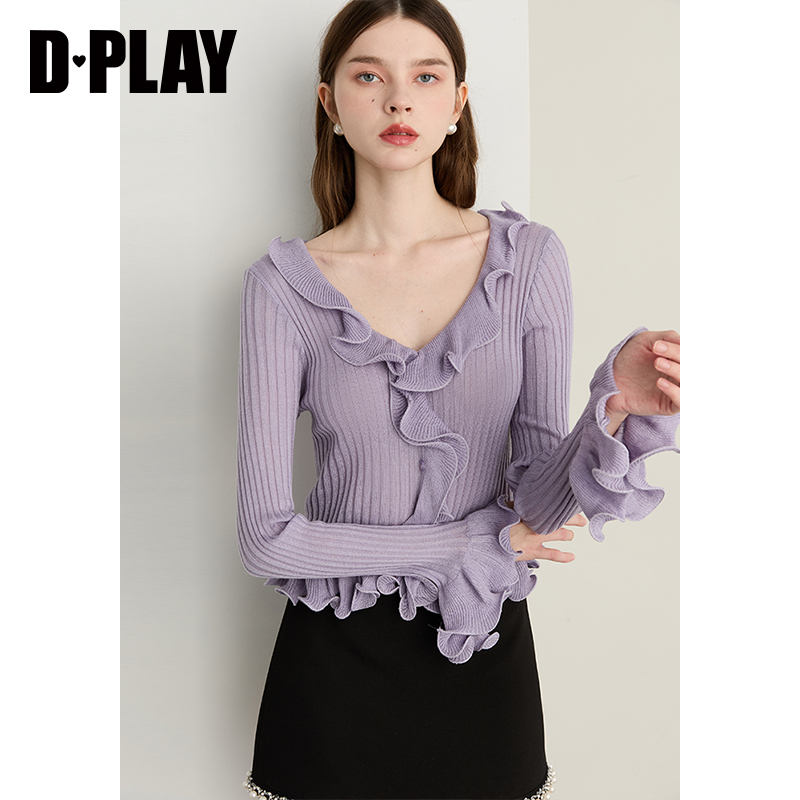 DPLAY2025年秋季新款紫色针织衫女荷叶边含羊毛气质开衫外套上衣 - 图1
