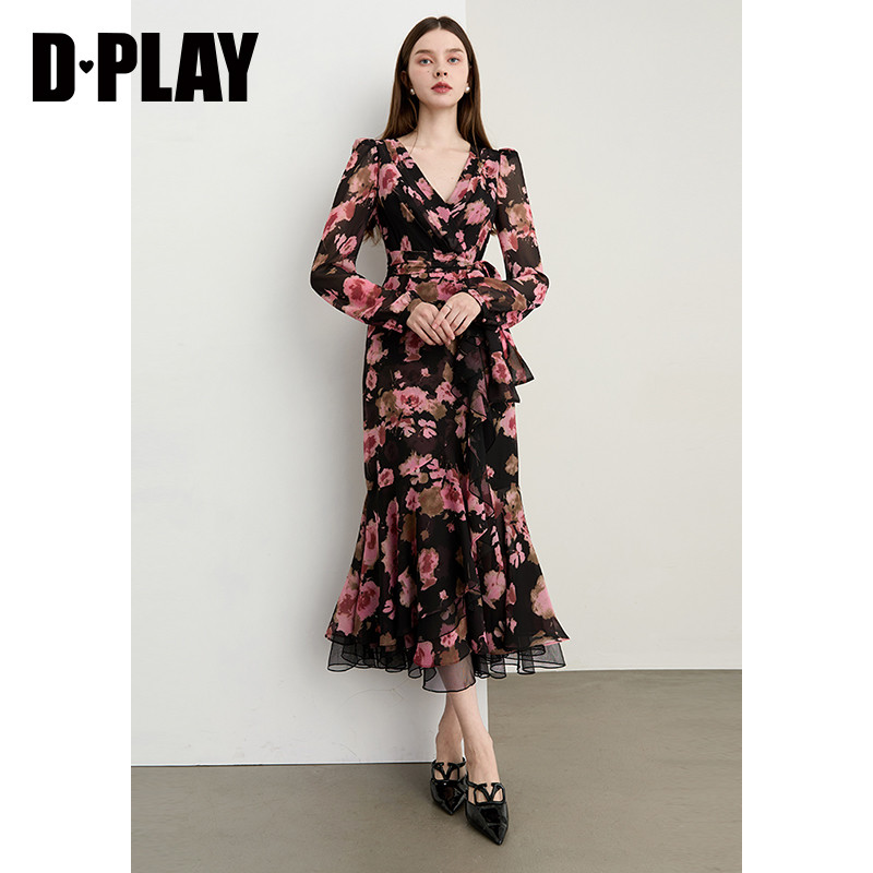 DPLAY2026年春季新款黑色连衣裙女长款气质法式长袖雪纺印花裙子,淘宝优惠券,粉丝福利购,淘宝优惠卷