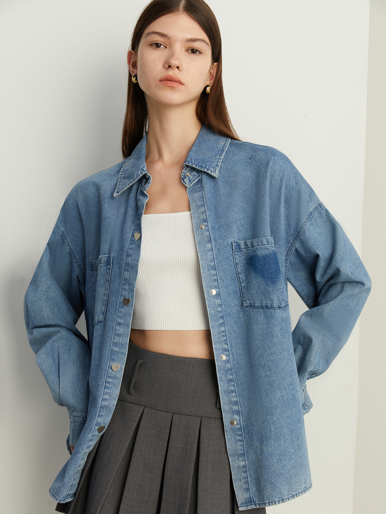 DPLAY时髦叠穿牛仔蓝翻领牛仔衬衫