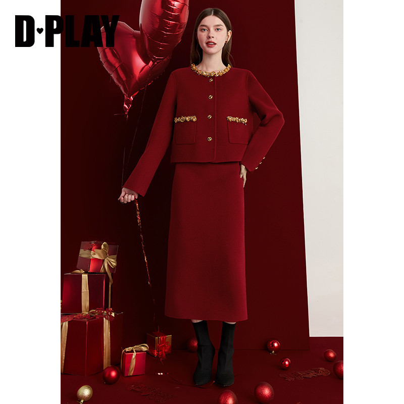 DPLAY【黑标】新年红色大衣100羊毛红色套装结婚敬酒半身裙两件套,淘宝优惠券,粉丝福利购,淘宝优惠卷