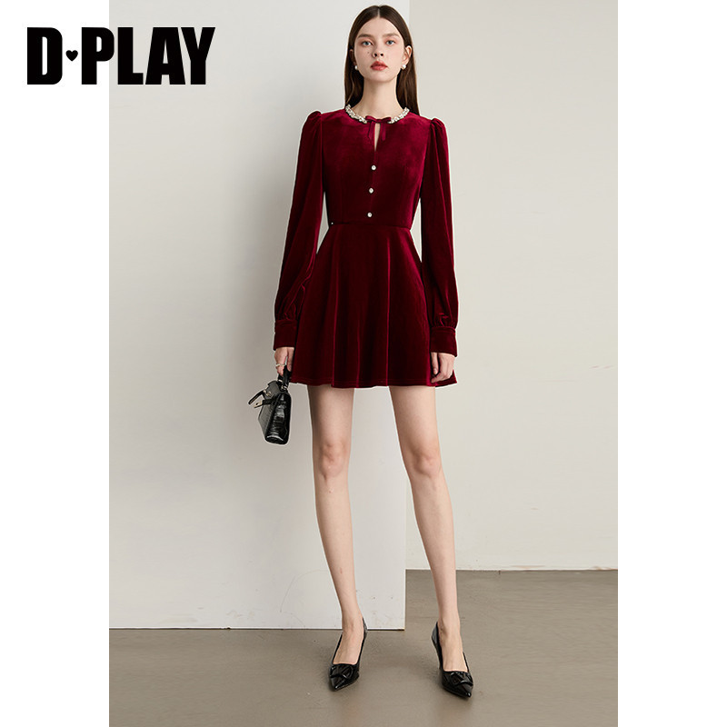 DPLAY【轻奢闪钻系列】2025年秋季新款红色连衣裙丝绒礼服裙女