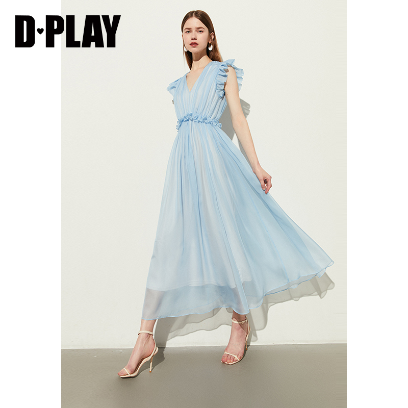 DPLAY2024年夏装温柔气质蓝色连衣裙法式长裙轻礼服裙公主裙女-图0