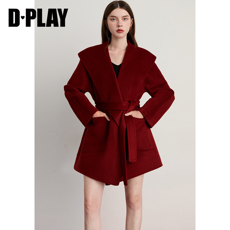 DPLAY含羊绒2025冬季新款红色大衣翻领含羊绒外套气质双面呢大衣,淘宝优惠券,粉丝福利购,淘宝优惠卷
