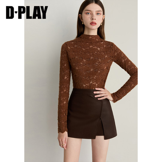 DPLAY Benefits 2025 Winter New Caramel Color Lace Popular Women's Mesh Lace Hollow Top