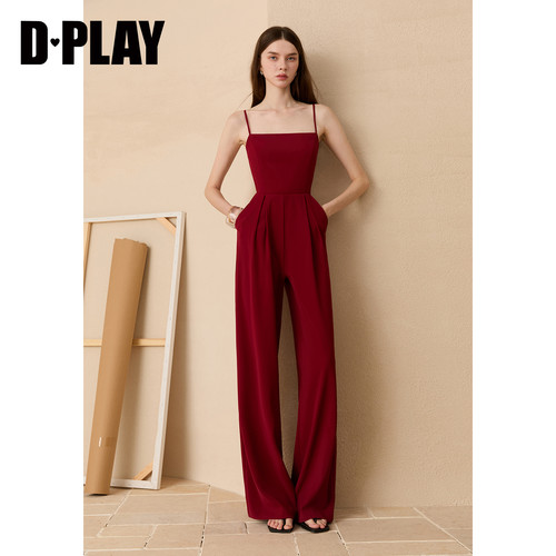 D－PLAY红色连体裤女休闲裤度假露背收腰连身裤2026年夏季直筒裤 - 图0