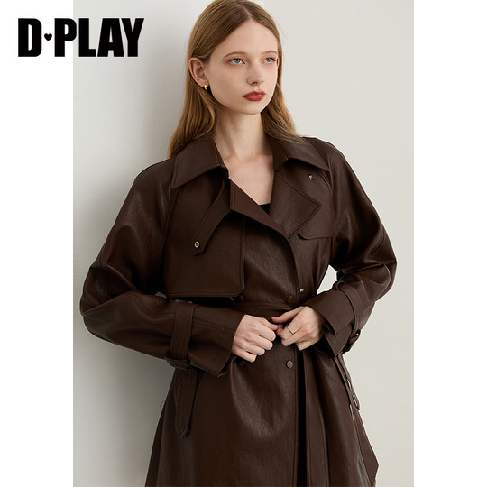 DPLAY2025年冬季新款棕色皮衣外套女流行复古短款收腰翻领上衣