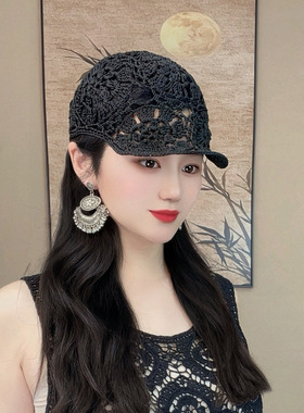 新款复古港风春夏帽子手工编织女士钩花亚麻遮阳帽透气镂空鸭舌帽