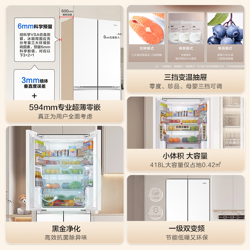 换新补贴海尔小红花418L双开四门超薄零嵌入家用风冷无霜一级冰箱