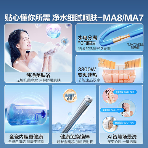 [政府换新补贴]海尔电热水器官方家用洗澡小型变频一级净肤洗MA8 - 图0