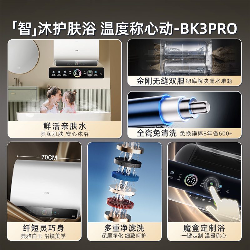 [政府换新补贴]海尔BK3pro魔盒扁桶电热水器家用电双胆净水洗白巧