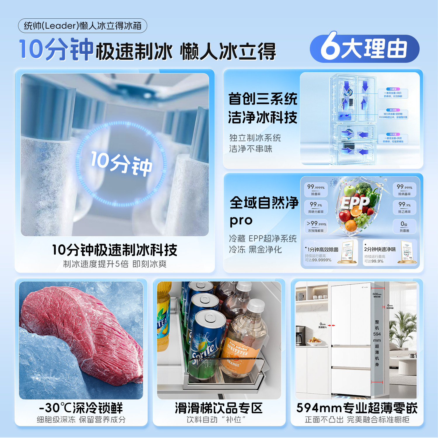 海尔出品统帅懒人冰立得500法式10分钟制冰双系统超薄零嵌电冰箱