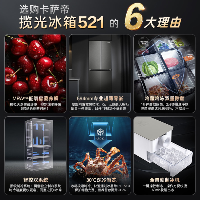 新品卡萨帝揽光521L制冰超薄零嵌入式十字四门一级无霜家用电冰箱
