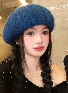 复古针织蓝色破洞贝雷帽女秋冬显脸小日系大头围保暖百搭画家帽子