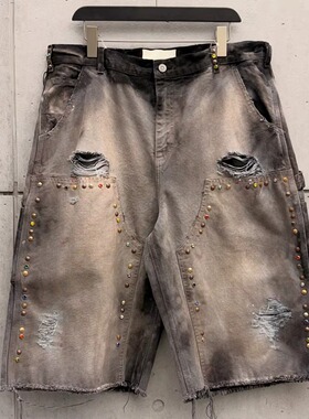 Men's short denim jeans,washed distressed ripped holes studs