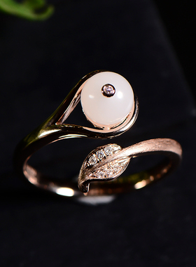 新疆和田玉白玉籽玉18K金镶嵌0.022克拉钻石金枝玉叶戒指 3.3