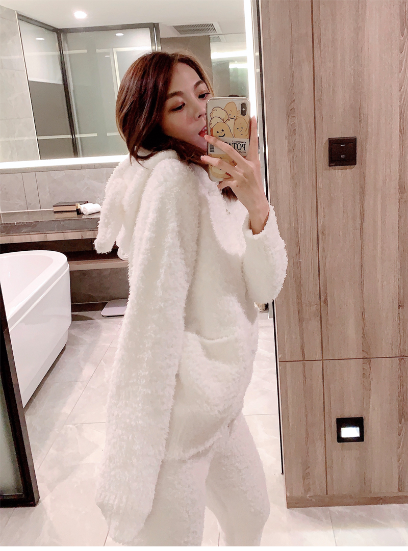 冬季睡衣女日系软绵绵加绒软糯兔子保暖宽松大码法兰绒家居服套装 - 图2