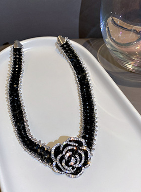 黑色玫瑰花项链女法式轻奢锁骨链