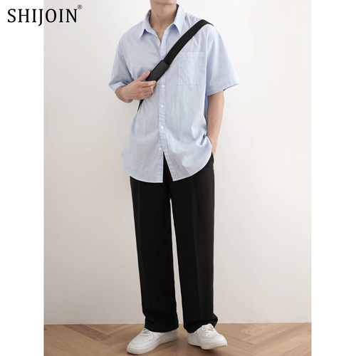 SHIJOIN原创FUNDAJOIN浅蓝色条纹衬衫宽松百搭200179薄款短袖衬衣 - 图0