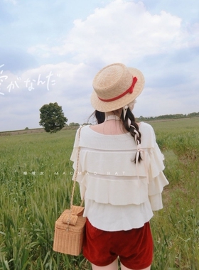 甜美可爱女日系手工平顶小草帽