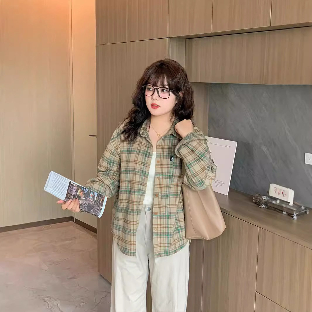 2025春季新款大码女装胖mm韩版磨毛格纹衬衫宽松叠穿内搭衬衣上衣,淘宝优惠券,粉丝福利购,淘宝优惠卷