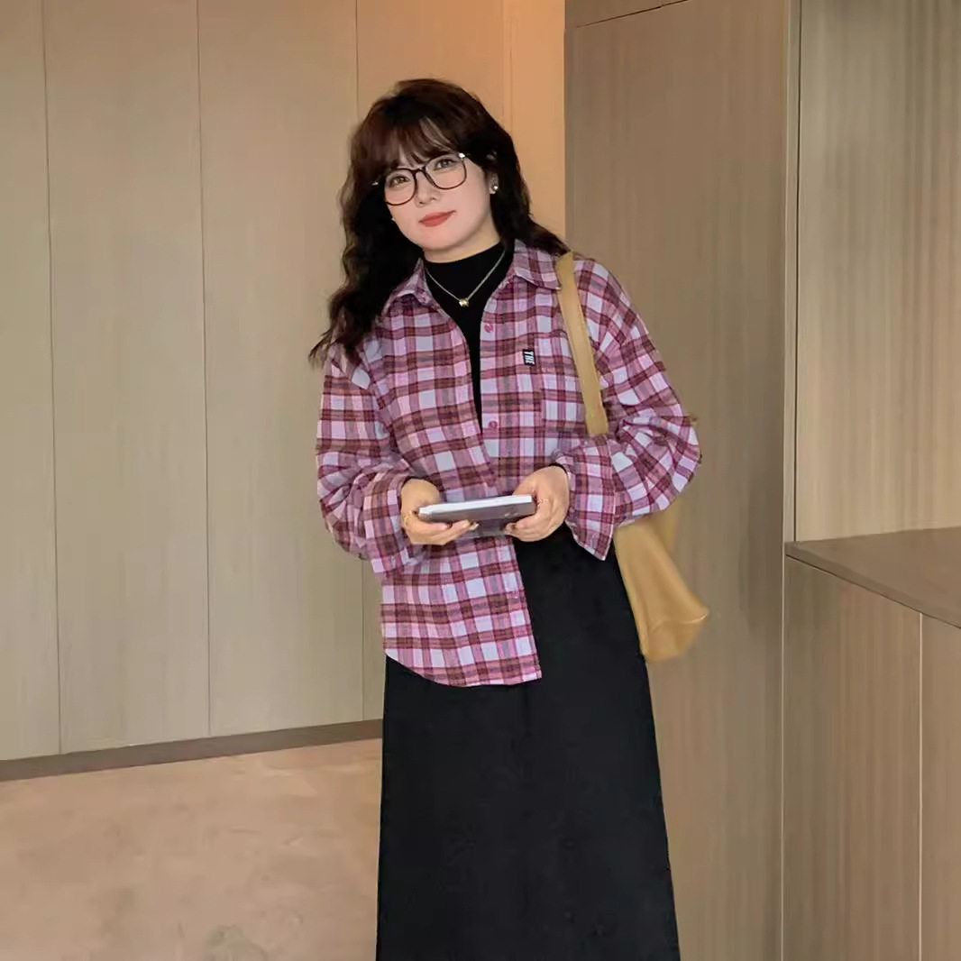 2025春季新款大码女装胖mm韩版磨毛格纹衬衫宽松叠穿内搭衬衣上衣,淘宝优惠券,粉丝福利购,淘宝优惠卷