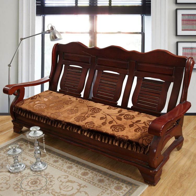 客厅实木沙发垫子加厚毛绒红木长椅子坐垫防滑连体木椅子海绵坐垫 - 图0