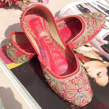 New beaded flat bottom shallow mouth Pakistani handmade cowhide women's shoes Nepalese style single shoes embroidered shoes