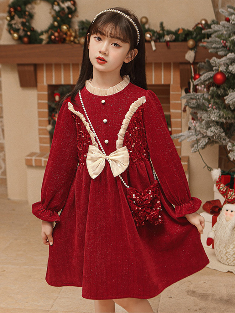 女童冬季连衣裙圣诞冬裙新年拜年过年衣服儿童裙子大童加绒公主裙