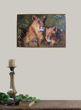 沙发背景墙狮子手绘油画动宠物图片定制手工大芬油画村奶油侘寂风