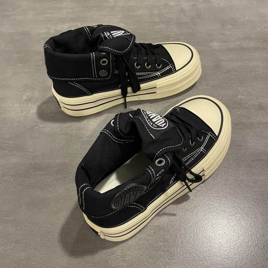 七七主人家 黑色高帮帆布鞋女2024秋季新款爆款女鞋高街板鞋ins潮